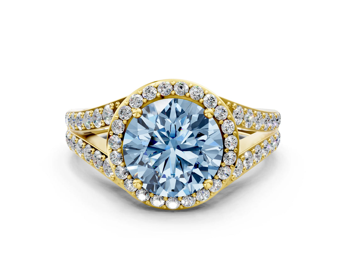 Yellow gold Fancy Blue Round Cut Diamond Split Shank Halo Ring with Four-Prong Setting_58