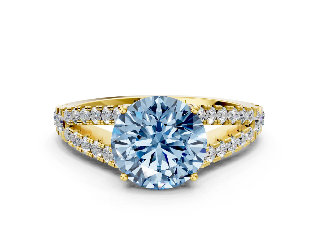 Yellow gold Fancy Blue Round Cut Diamond Split Shank Pavé Engagement Ring with Four-Prong Setting_60