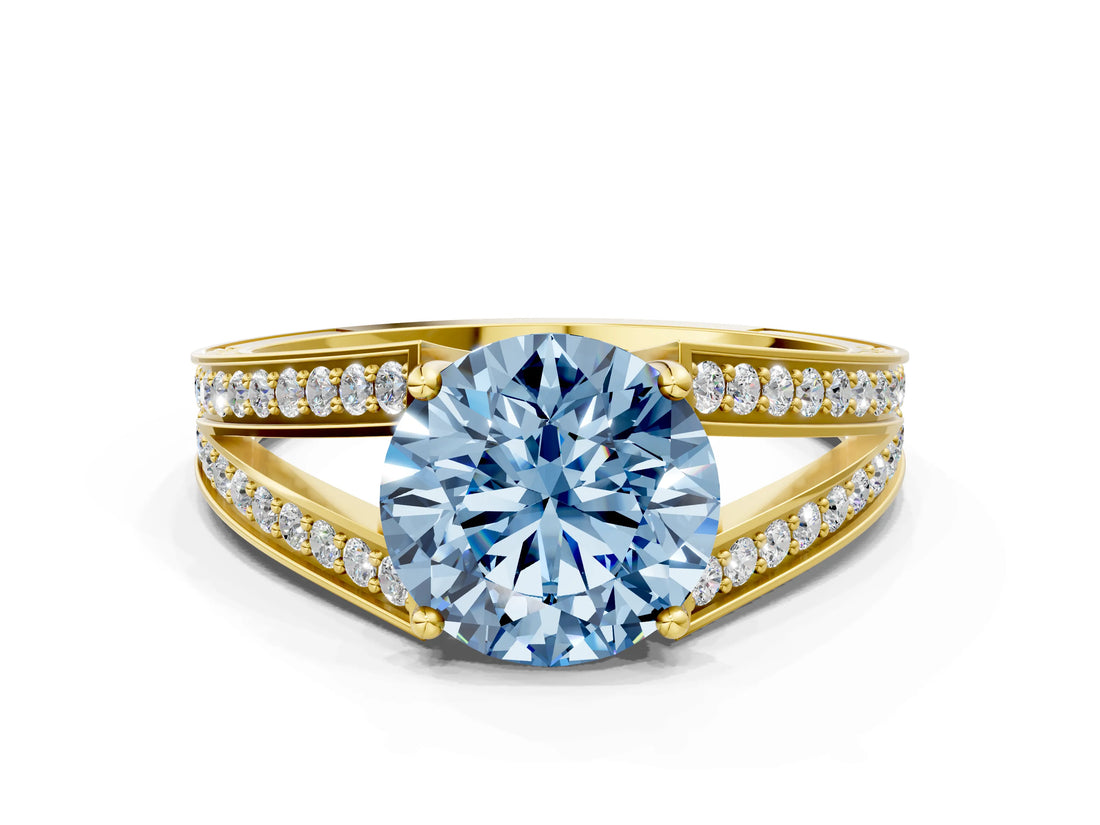 Yellow gold Fancy Blue Round Cut Diamond Split Shank Ring with Pavé Band and Four-Prong Setting_44
