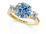 Yellow gold Fancy Blue Round Cut Diamond Three-Stone Engagement Ring with Prong Setting and Pavé Band_1