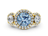 Yellow gold Fancy Blue Round Cut Diamond Three-Stone Halo Ring with Prong Setting and Pavé Accents