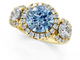 Yellow gold Fancy Blue Round Cut Diamond Three-Stone Halo Ring with Prong Setting and Pavé Accents_1