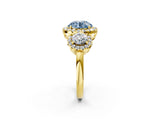 Yellow gold Fancy Blue Round Cut Diamond Three-Stone Halo Ring with Prong Setting and Pavé Accents_2