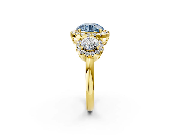Yellow Gold Round Three Stone Halo Engagement Ring Setting for Fancy Blue Center
