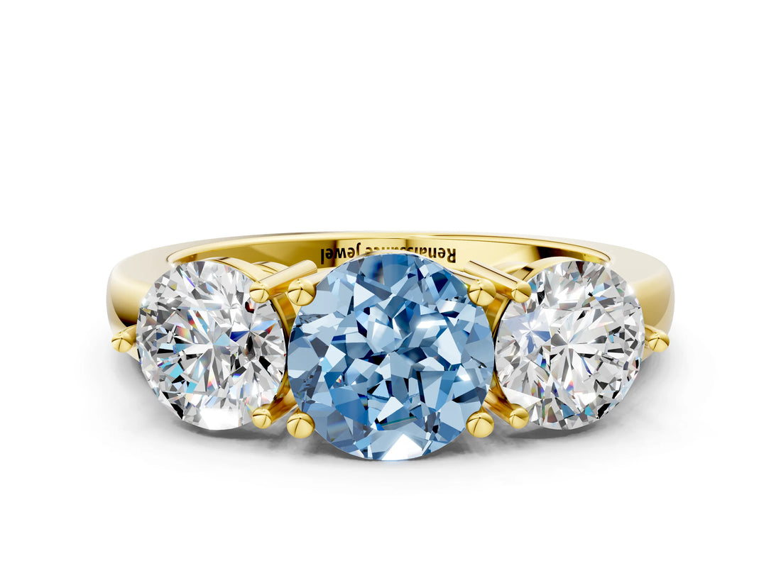 Yellow gold Fancy Blue Round Cut Diamond Three-Stone Ring with Prong Setting and Classic Band_124