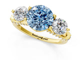 Yellow gold Fancy Blue Round Cut Diamond Three-Stone Ring with Prong Setting and Pavé Band_1
