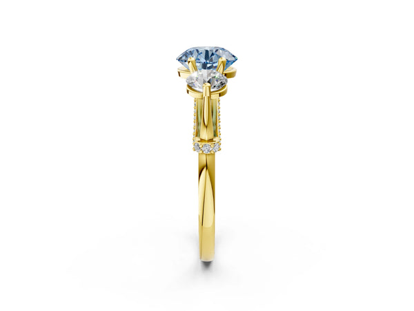 Yellow Gold Round Curved Pave Three Stone Engagement Ring Setting for Fancy Blue Center