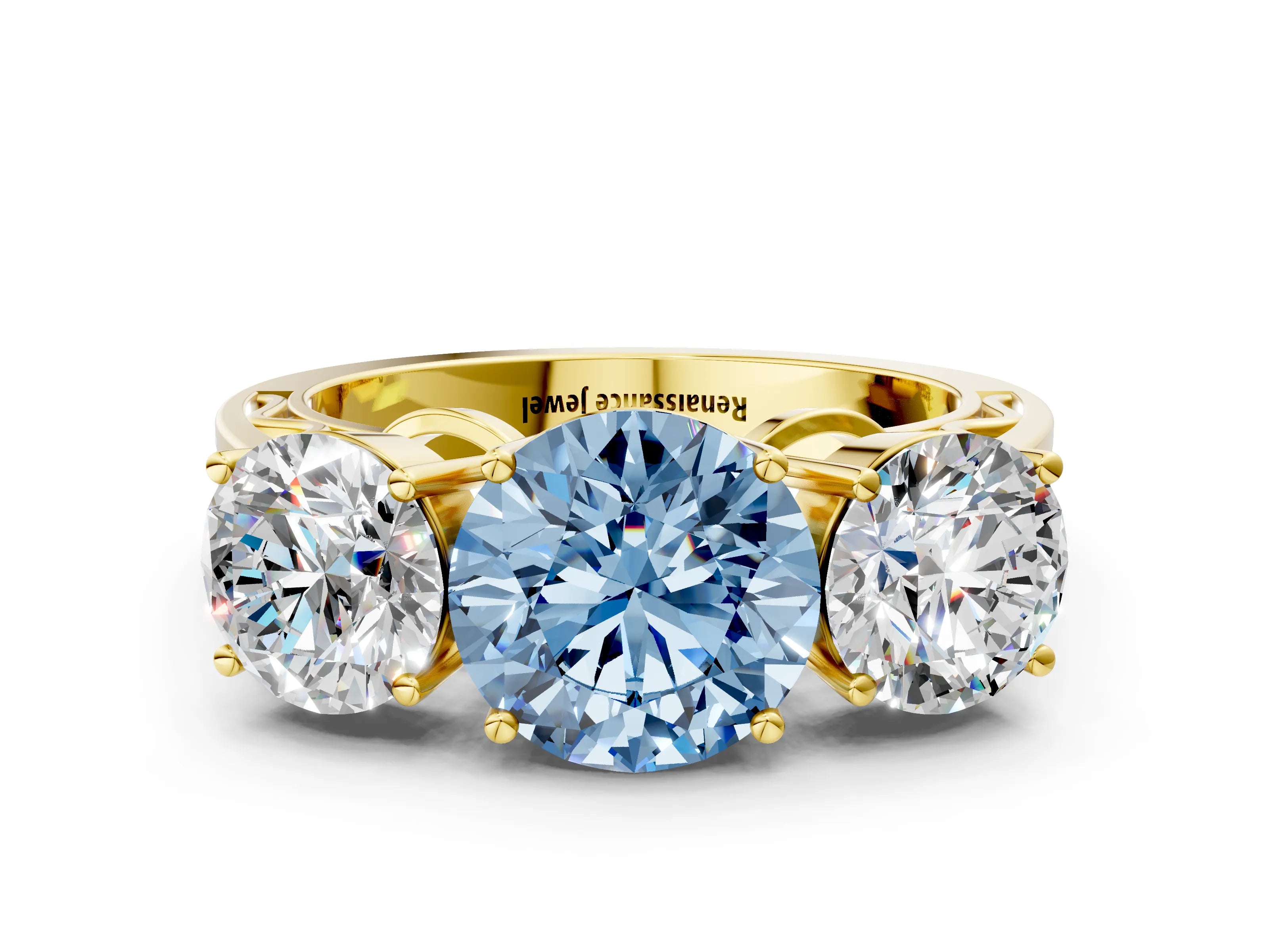 Yellow gold Fancy Blue Round Cut Diamond Three-Stone Ring with Prong Setting and Textured Band