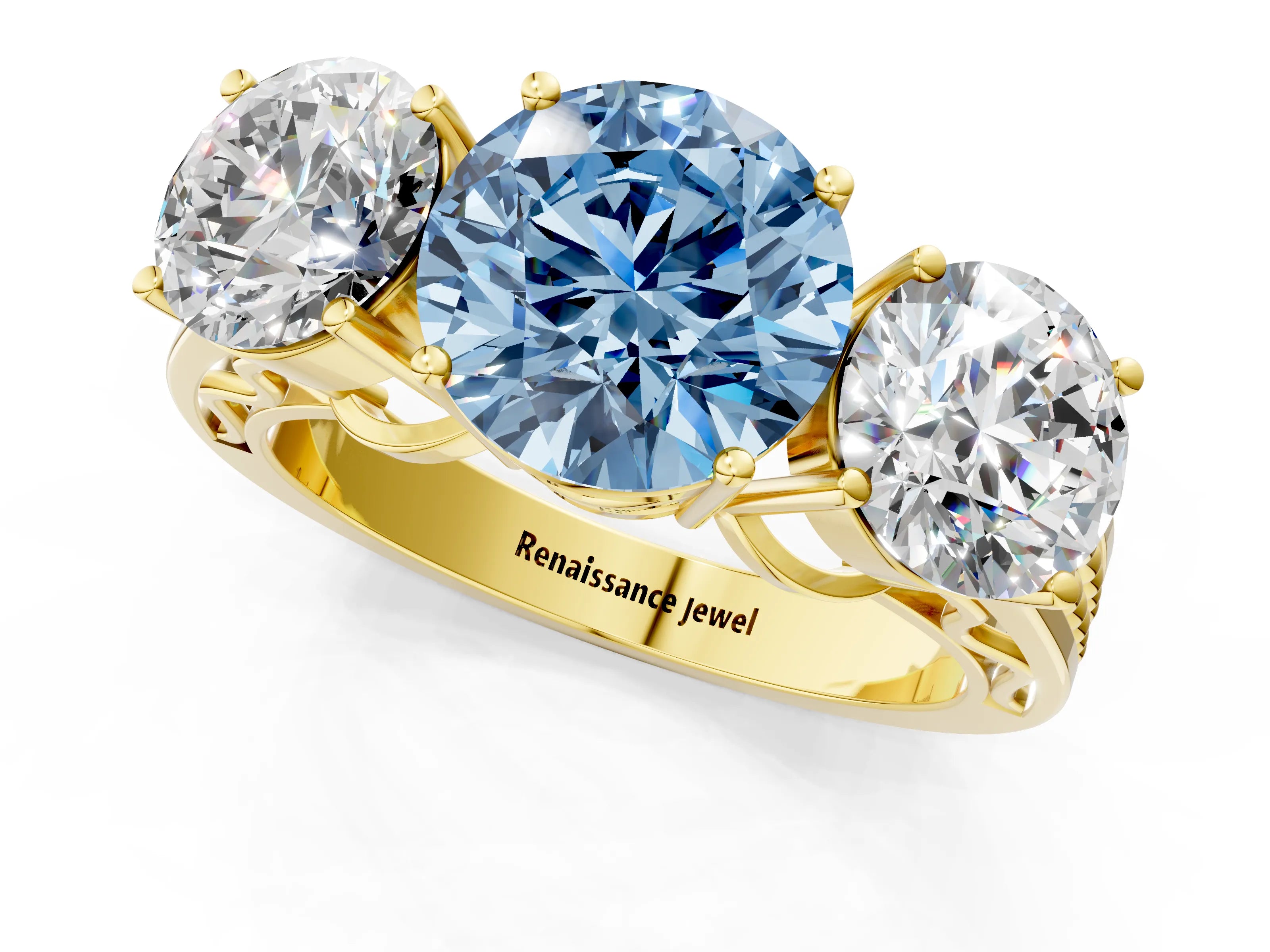 Yellow gold Fancy Blue Round Cut Diamond Three-Stone Ring with Prong Setting and Textured Band_1