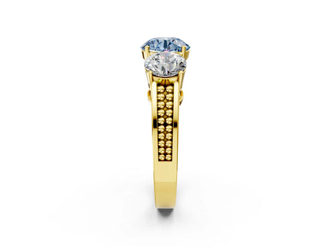Yellow gold Fancy Blue Round Cut Diamond Three-Stone Ring with Prong Setting and Textured Band_2