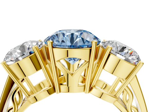 Yellow gold Fancy Blue Round Cut Diamond Three-Stone Ring with Prong Setting and Textured Band_4