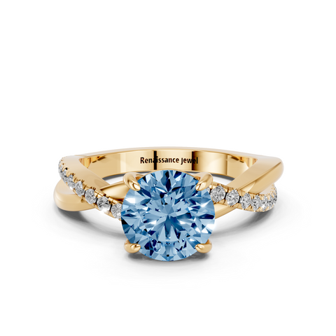 Yellow gold Fancy Blue Round  Cut Diamond Twist Band Solitaire with Prong Setting_11