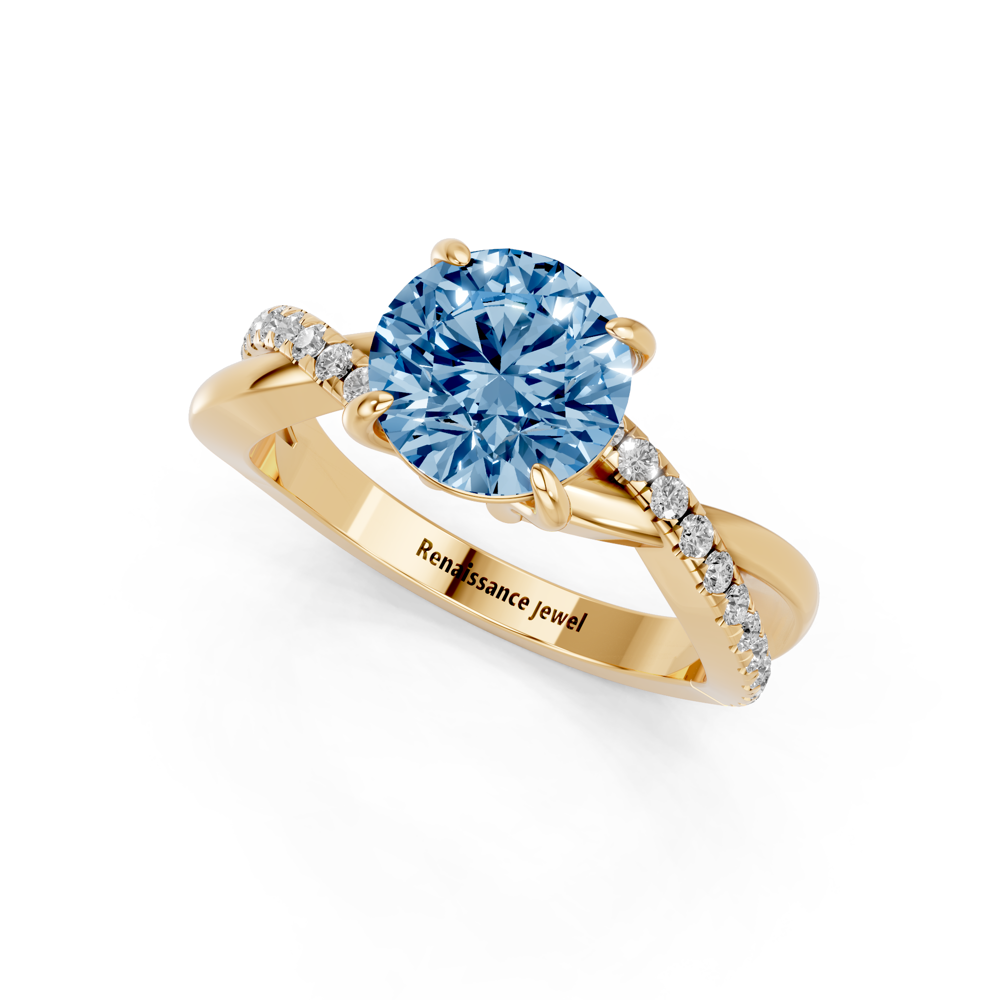 Yellow gold Fancy Blue Round  Cut Diamond Twist Band Solitaire with Prong Setting_3