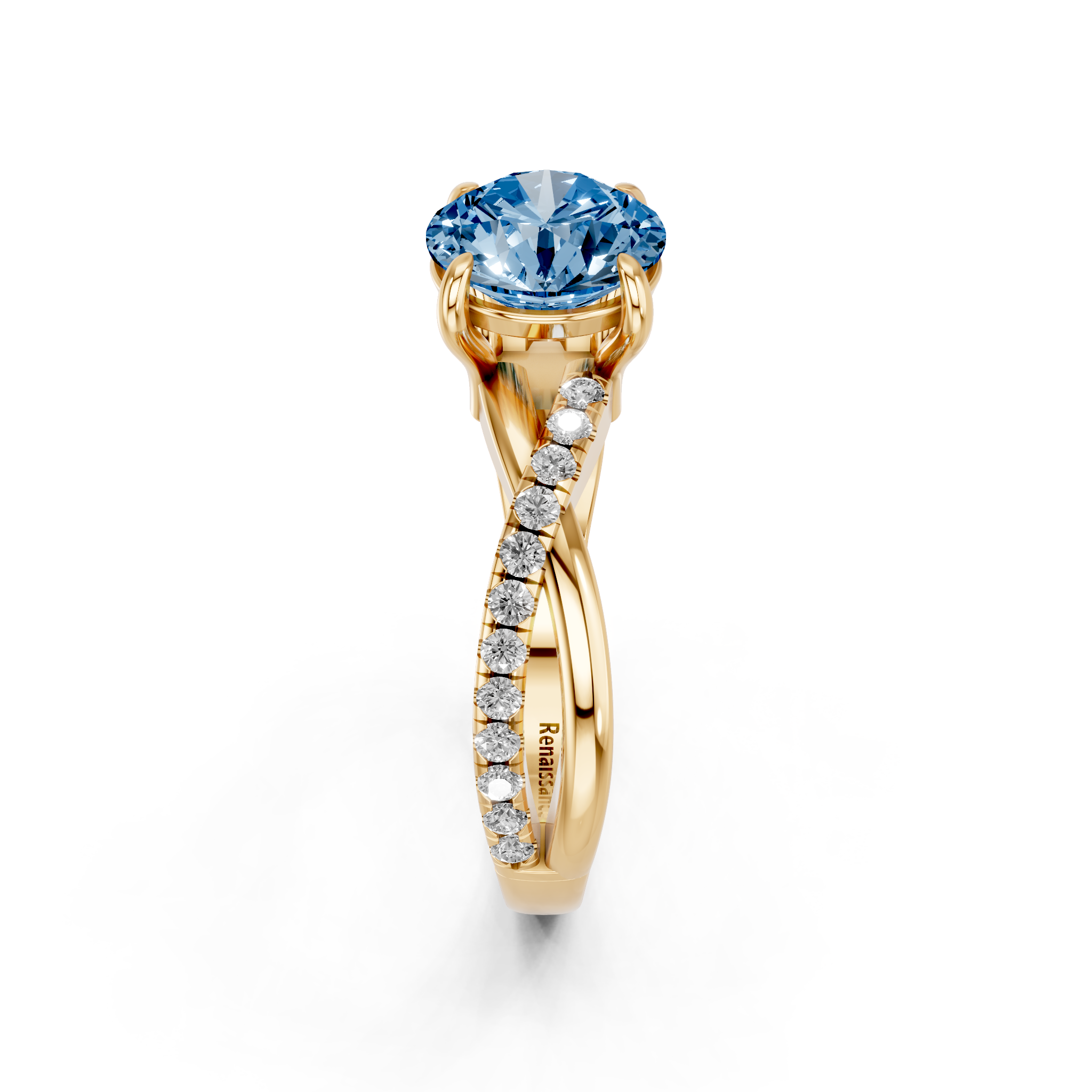 Yellow gold Fancy Blue Round  Cut Diamond Twist Band Solitaire with Prong Setting_4
