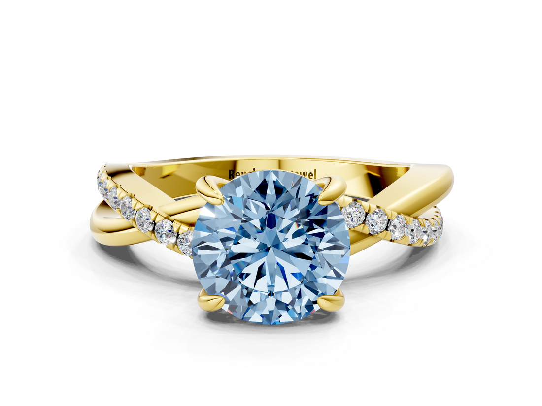 Yellow gold Fancy Blue Round  Cut Diamond Twist Band Solitaire with Prong Setting_41