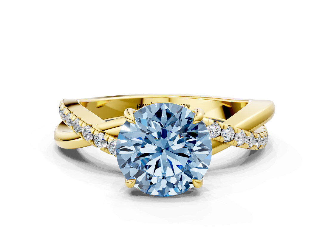 Yellow gold Fancy Blue Round  Cut Diamond Twisted Band with Pavé Setting and Four-Prong Setting_20