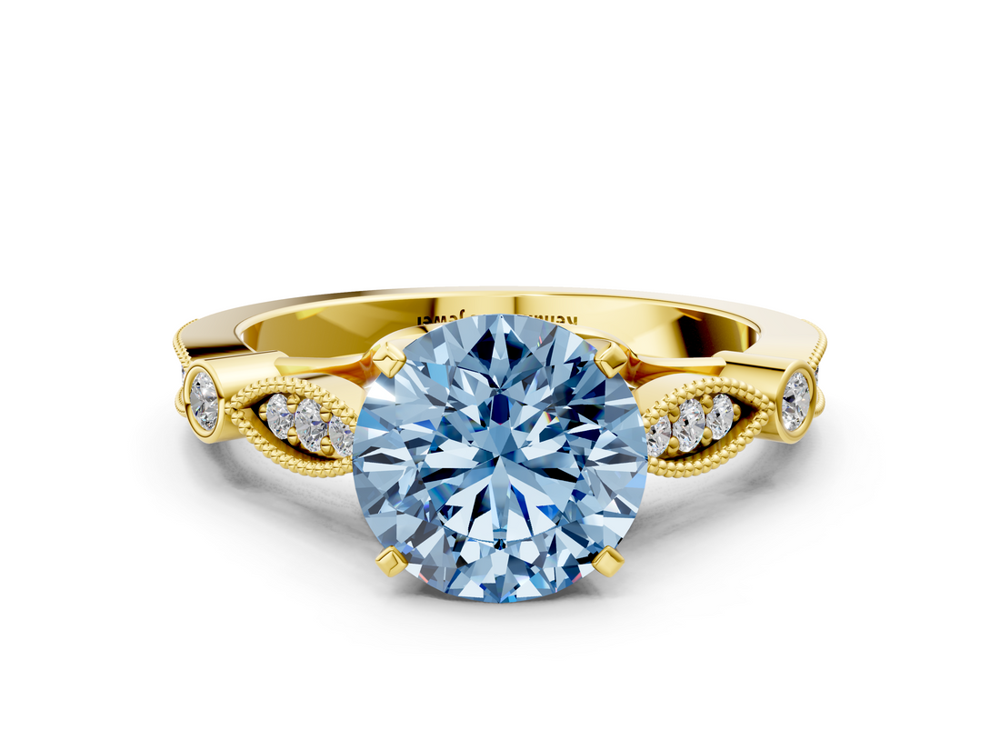 Yellow gold Fancy Blue Round  Cut Diamond with Milgrain Marquise and Bezel Accents on a Solitaire Band with Prong Setting_173