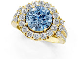 Yellow gold Fancy Blue Round  Cut Double Halo Diamond Engagement Ring with Pave Band and Four-Prong Setting 1