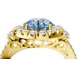 Yellow gold Fancy Blue Round  Cut Double Halo Diamond Engagement Ring with Pave Band and Four-Prong Setting 4