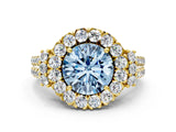 Yellow gold Fancy Blue Round  Cut Double Halo Diamond Engagement Ring with Pave Band and Four-Prong Setting