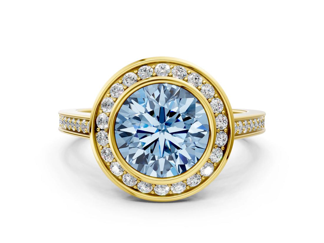 Yellow gold Fancy Blue Round Cut Halo Bezel Diamond Pave Band Ring
