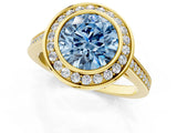 Yellow gold Fancy Blue Round Cut Halo Bezel Diamond Pave Band Ring_1