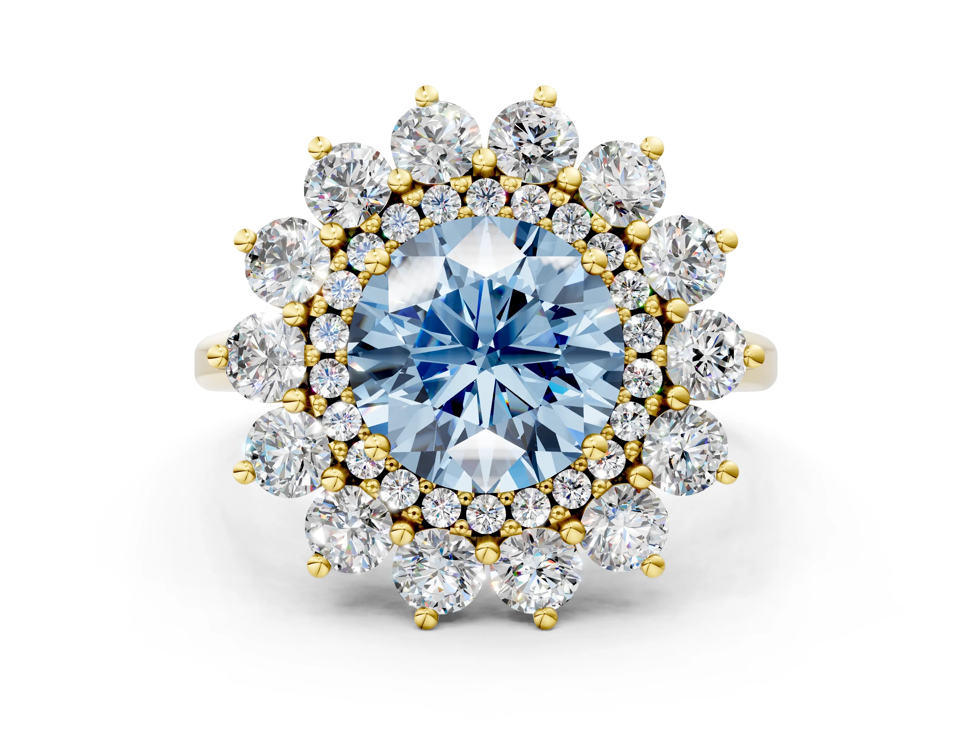 Yellow gold Fancy Blue Round Cut Halo Cluster Diamond Ring with Pave Band and Four-Prong Setting_12