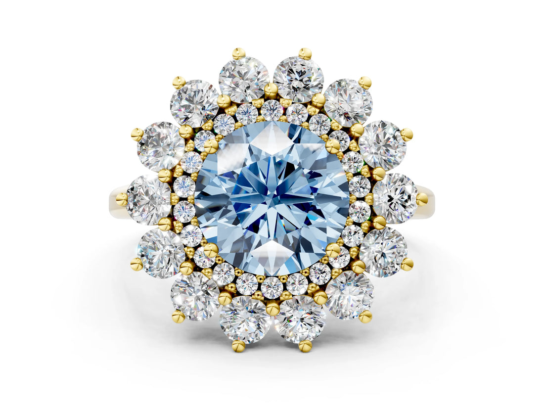 Yellow gold Fancy Blue Round Cut Halo Cluster Diamond Ring with Pave Band and Four-Prong Setting_12