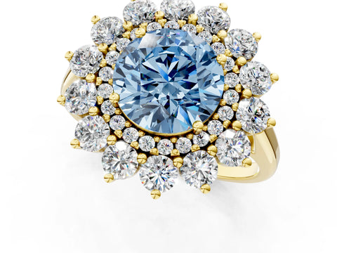 Yellow gold Fancy Blue Round Cut Halo Cluster Diamond Ring with Pave Band and Four-Prong Setting_13