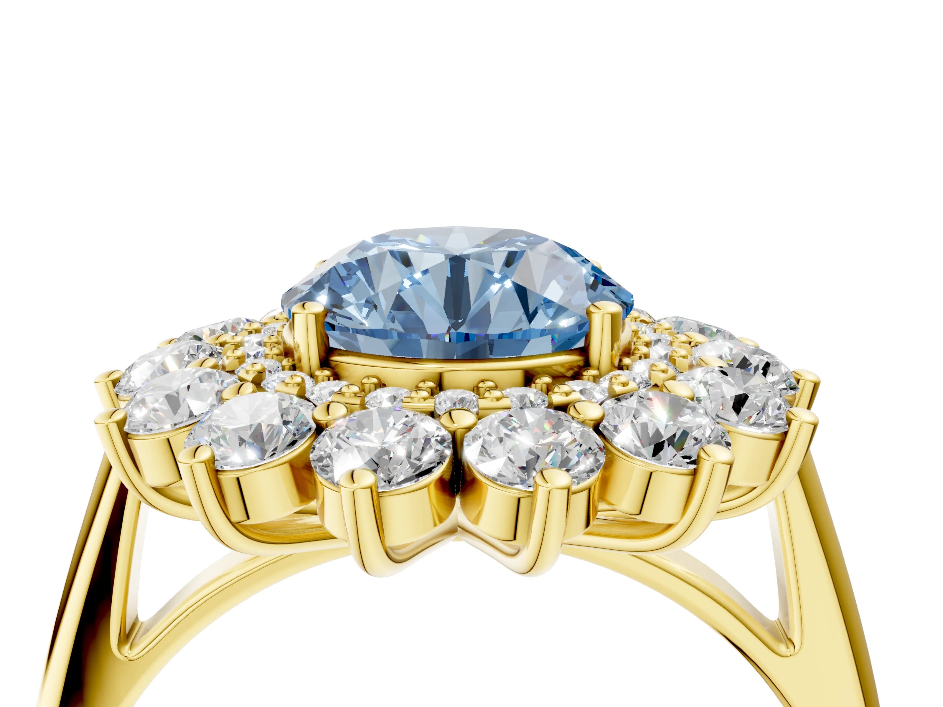 Yellow gold Fancy Blue Round Cut Halo Cluster Diamond Ring with Pave Band and Four-Prong Setting_16