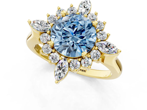 Yellow gold Fancy Blue Round Cut Halo Diamond Cluster Ring with Marquise and Round Stones on a White Gold Band with Prong Setting