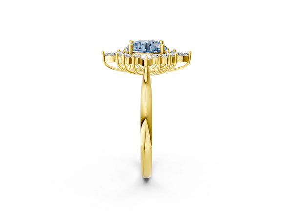Yellow gold Fancy Blue Round Cut Halo Diamond Cluster Ring with Marquise and Round Stones on a White Gold Band with Prong Setting
