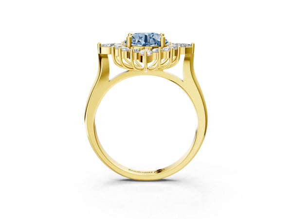 Yellow gold Fancy Blue Round Cut Halo Diamond Cluster Ring with Marquise and Round Stones on a White Gold Band with Prong Setting