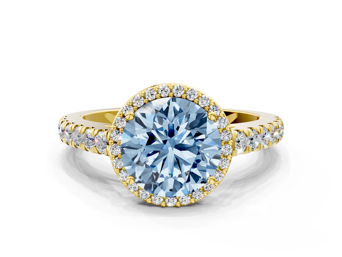 Yellow gold Fancy Blue Round  Cut Halo Diamond Engagement Ring with Pave Band and Four-Prong Setting_29