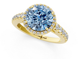 Yellow gold Fancy Blue Round  Cut Halo Diamond Engagement Ring with Pave Band and Four-Prong Setting_30