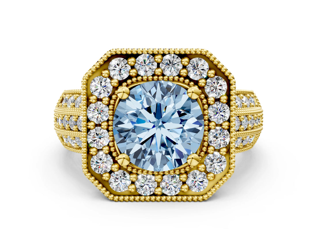Yellow gold Fancy Blue Round Cut Halo Diamond Engagement Ring with Pave Split Shank and Four-Prong Setting