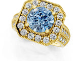 Yellow gold Fancy Blue Round Cut Halo Diamond Engagement Ring with Pave Split Shank and Four-Prong Setting_1