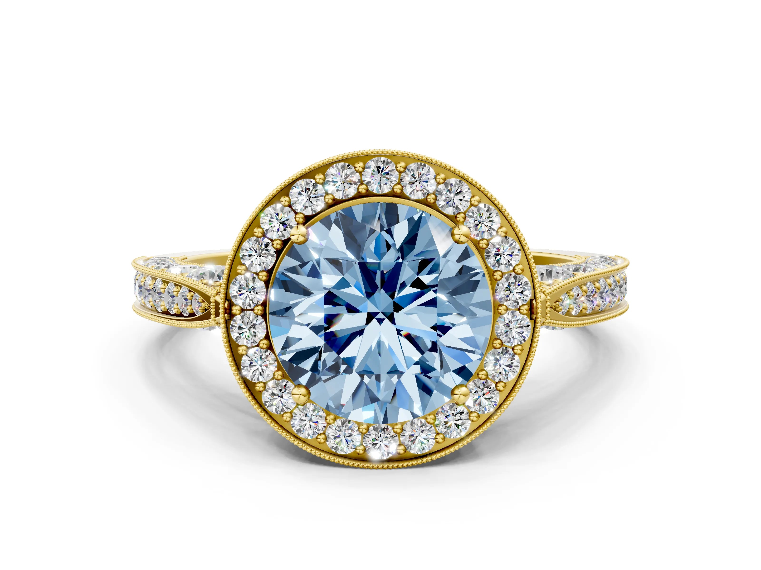Yellow gold Fancy Blue Round Cut Halo Diamond Engagement Ring with Split Shank Band and Four-Prong Setting
