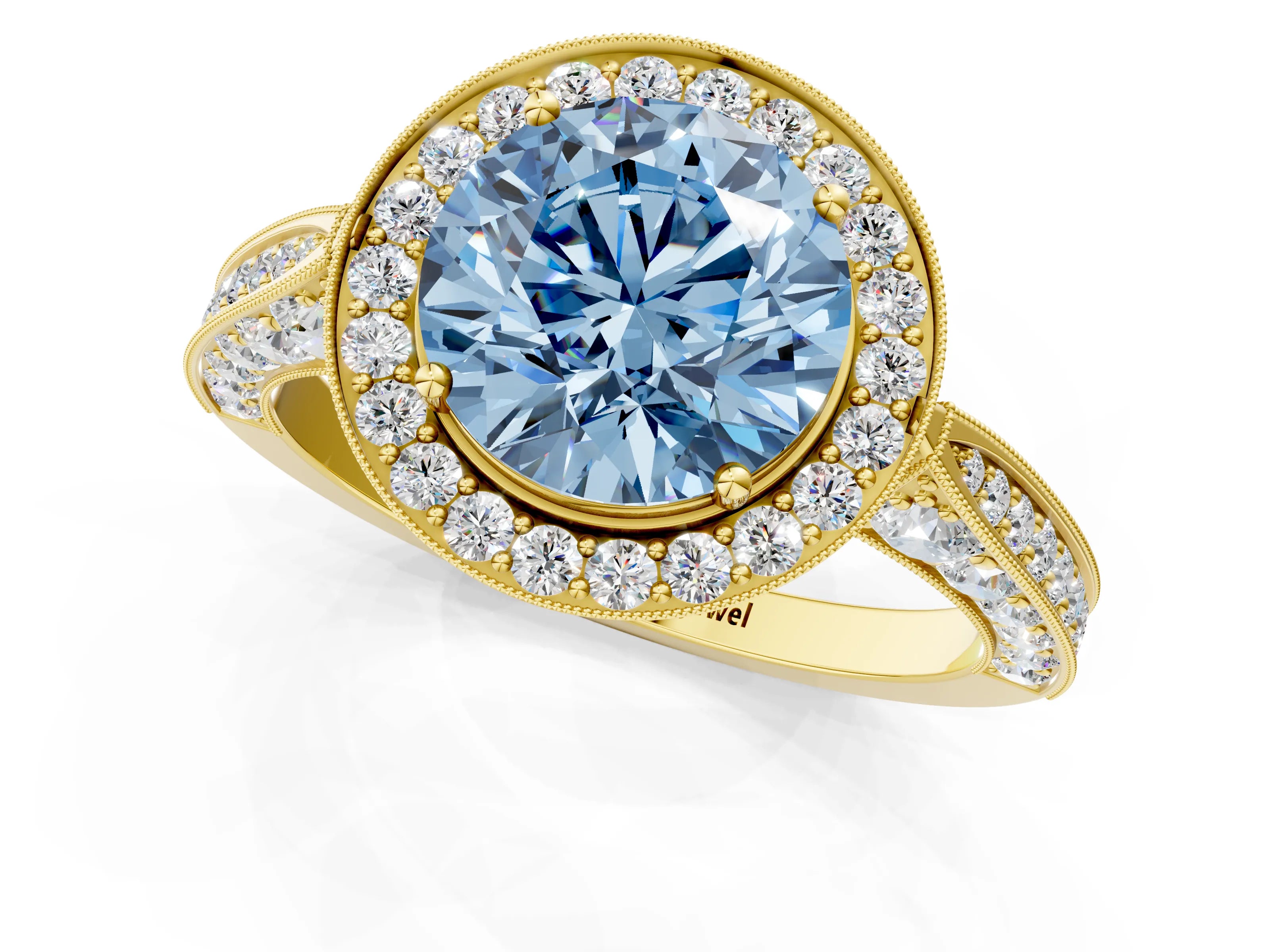 Yellow gold Fancy Blue Round Cut Halo Diamond Engagement Ring with Split Shank Band and Four-Prong Setting_1