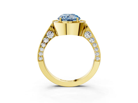 Yellow gold Fancy Blue Round Cut Halo Diamond Engagement Ring with Split Shank Band and Four-Prong Setting_3