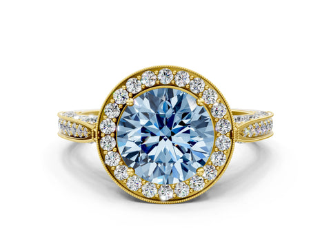 Yellow gold Fancy Blue Round Cut Halo Diamond Engagement Ring with Split Shank Band and Four-Prong Setting