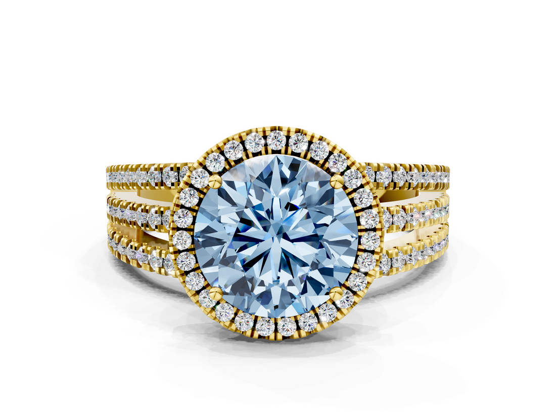 Yellow gold Fancy Blue Round  Cut Halo Diamond Engagement Ring with Split Shank and Four-Prong Setting_20