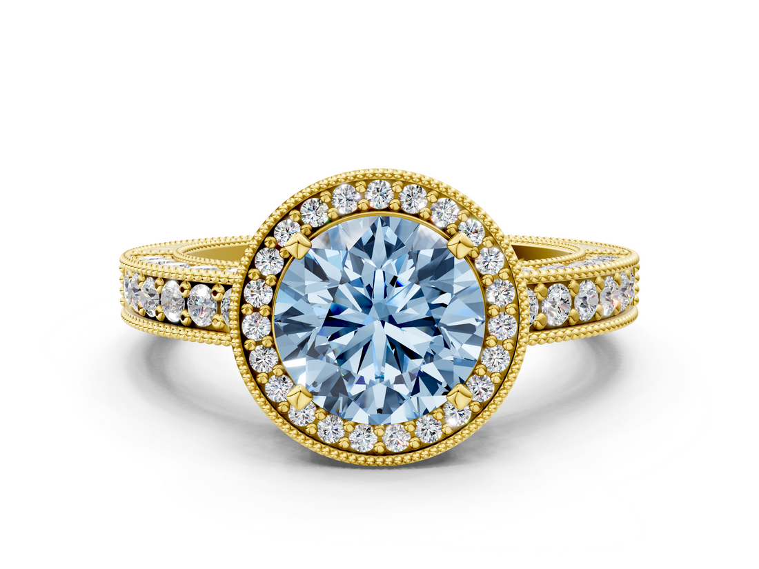 Yellow gold Fancy Blue Round  Cut Halo Diamond Pave Band Ring with Four-Prong Setting_25