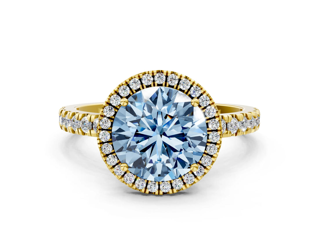 Yellow gold Fancy Blue Round Cut Halo Diamond Pave Band with Prong Setting