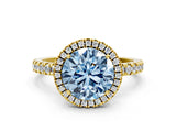 Yellow gold Fancy Blue Round Cut Halo Diamond Pave Band with Prong Setting
