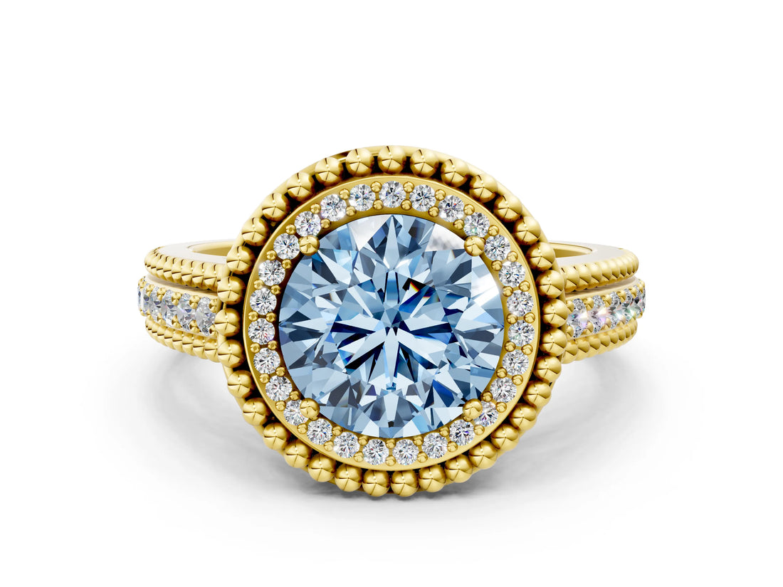Yellow gold Fancy Blue Round Cut Halo Diamond Ring with Beaded Split Shank and Four-Prong Setting