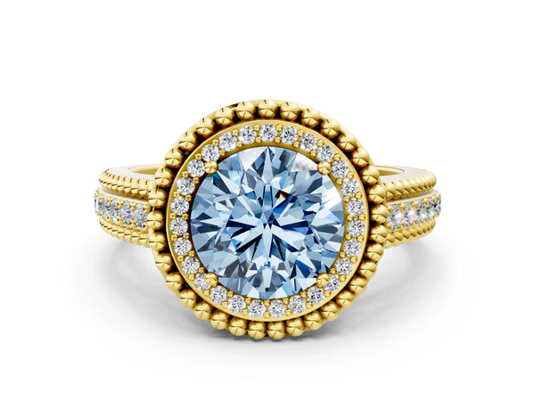 Yellow Gold Round Beaded Halo Engagement Ring Setting for Fancy Blue Center with Pave