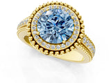 Yellow gold Fancy Blue Round Cut Halo Diamond Ring with Beaded Split Shank and Four-Prong Setting_1