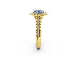 Yellow gold Fancy Blue Round Cut Halo Diamond Ring with Beaded Split Shank and Four-Prong Setting_2