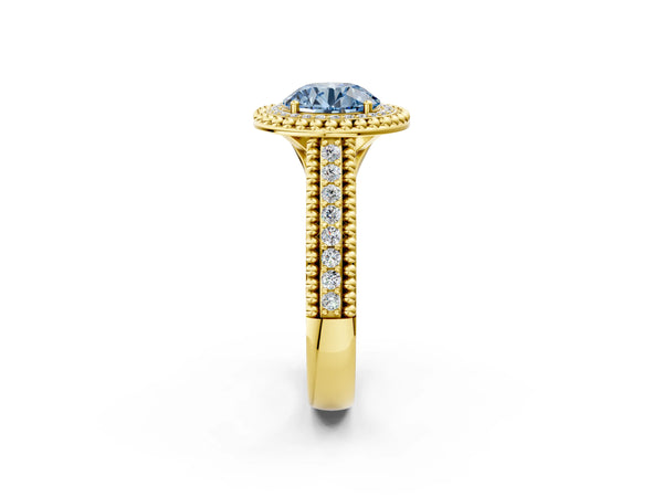 Yellow Gold Round Beaded Halo Engagement Ring Setting for Fancy Blue Center with Pave